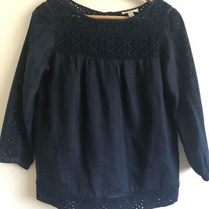 J Crew Navy Linen & Eyelet Blouse